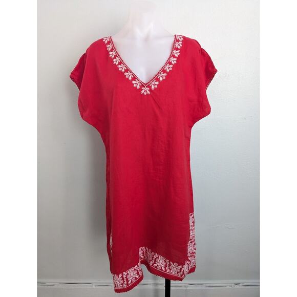 New Zara Basic Size Large Embroidered Shift Dress Red White Linen Short Sleeves - Picture 16 of 16
